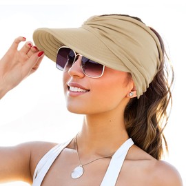 Durio Sun Hats Wide Brim Sun Visors for Women High Ponytail Hat Sun Protection Sun Shade Hats for Women Ponytail Beach Cap Beige One Size