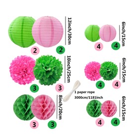 WOLHOWLTD Pink and Green Paper Decoration Set - 40Pcs Paper Lanterns, Pompoms, Honeycomb for Witch and Princes,School Day,Bridal Shower,Classroom,Home Decoration