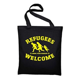 Refugees Welcome Jute Bag Bag Bag Cotton Bag, BLACK (Black) - styletex23tzbbag2ref1