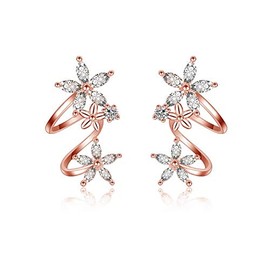 Flower Fairy Rose Gold Plated CZ Ear Cuff Wrap Stud Earrings for Women Girls Cartilage Fashion Crawler Climber Cubic Zirconia Clip Hypoallergenic