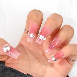Sethexy Long Coffin Pink False Nails Handmade Rhinestone Blush Gradient Fake Nails 3D Crystal Love Heart Chain Press On Nails Glossy Acrylic Salon Quality Nail Art Removable for Women and Girls (J)