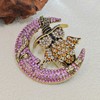 Vintage-Style Halloween Owl and Moon Brooch, Crystal Rhinestone Pin, Purple