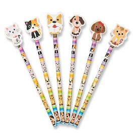 12 x Cute Pets (Kittens/Puppies) Pencils With Large Shaped Eraser Topper. Ideal Party Bag Filler, End of Term Gift, Student Gift or Stocking Filler
