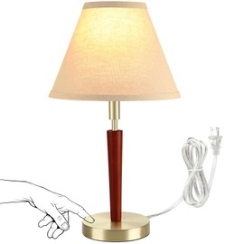 LEDIKON Touch Control Mid Century Modern Table Lamp, 3-Way Dimmable, Vintage Bedside Nightstand Lamp with Wood Pole & Gold Base for Bedroom Living Room, LED Bulb Included