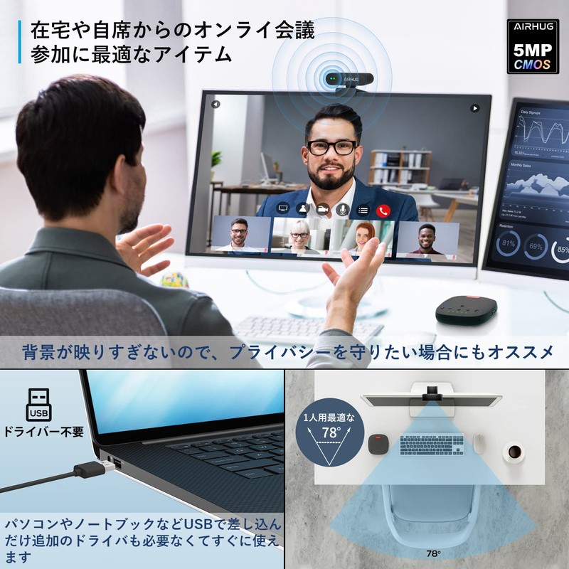 AIRHUG WEB Camera, 2K No Microphone, HD Webcam, 5 Megapixels,