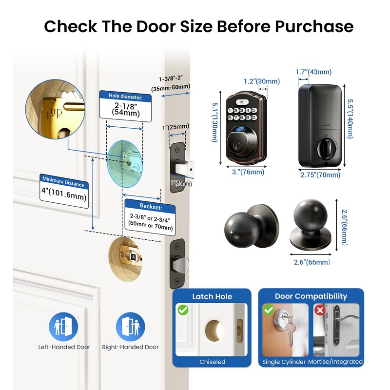 Veise Fingerprint Door Lock with 2 Knobs - Keyless Entry