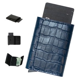 Jenoss Smart Wallet For Men: Full Grain Leather, Handcrafted, Slide Metal Pop Up Case, Slim RFID Blocking Credit Card Holder, Minimalist, Compact, 6-8 Cards Organizers, Front Pocket, Money Clip (Navy)