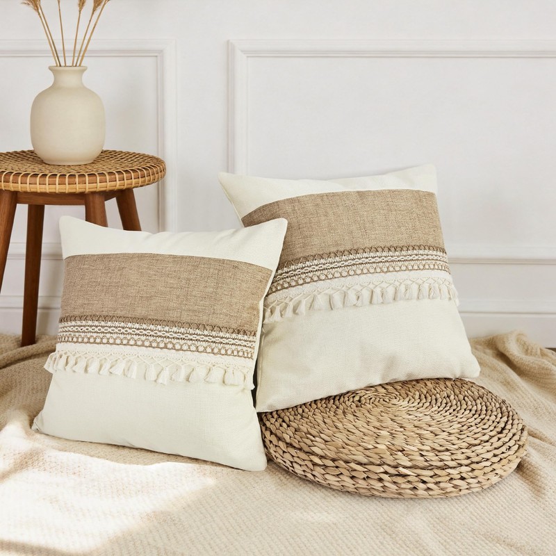 QoBexim Boho Patchwork Linen Pillow Covers with Tassles 18x18 Set