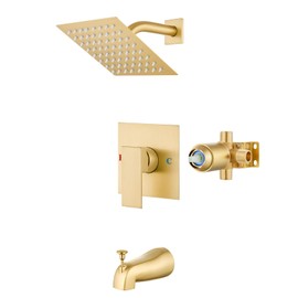 Airuida Shower Faucet Set with Tub Spout Bathtub Faucet Kit Shower Tub Faucet Set Complete Tub Shower Trim Kit with Solid Brass Rough-in Valve and 6 Inch Rainfall Square Showerhead Brushed Gold