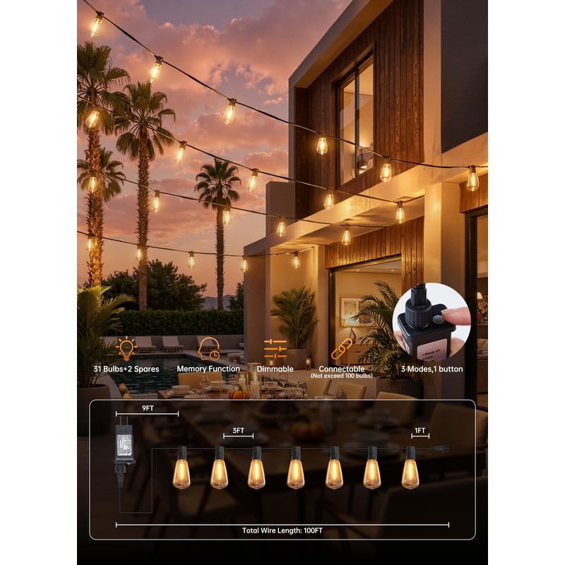 Minetom 100FT Outdoor String Lights with Remote, ST38 Patio Lights