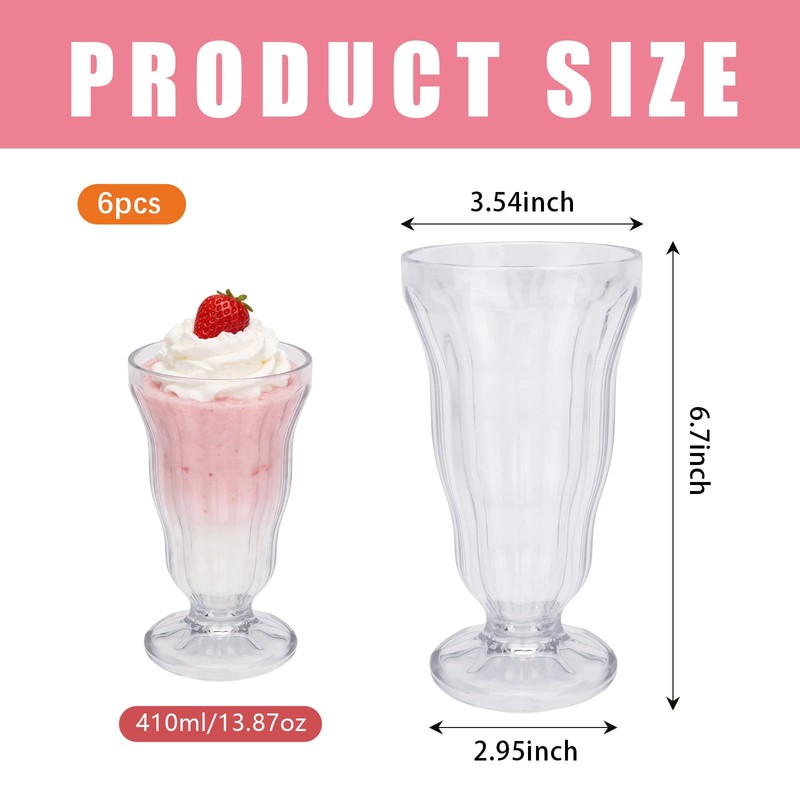 JBESUHI 6 Pack 14 Oz Shatterproof Acrylic Footed Milkshake Glasses