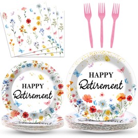 96 Pcs Wildflower Retirement Party Decorations for Women Flower Retired Party Tableware Set Happy Retirement Floral Plates Napkins Dinnerware for Goodbye Going Away Farewell Party Supplies Serve 24