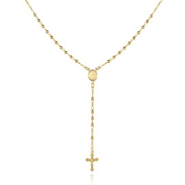 Barzel 18K Gold Plated Virgin Mary Rosary Bead Cross Necklace - Made In Brazil (24 Inches)