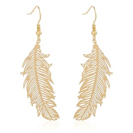 Vintage Gold Plated Metal Feather Earrings Bohemian Dangle for Women Statement Jewelry Gifts Lightweight Retro Leaf Accessories Charms, Medium, Metal, No Gemstone