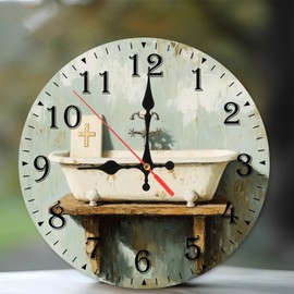 Lancholy 10-Inch Silent Wooden Wall Clock, Vintage Tub Clock Antique Bathroom Setting ” Silent Non-Ticking Clock, Battery Operated (AA Batteries Not Included), Artistic Home Decor