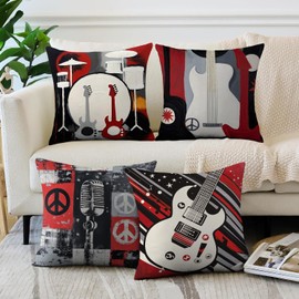 Qinqingo Set of 4 Music Theme Throw Pillow Covers, 18x18 Inch Guitar Microphone Decorative Square Pillowcases for Sofa Couch Bed Home Decor