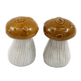 Novelty Glazed Ceramic Wooland Toadstool/Mushroom Cruet Set - Salt and Pepper Pots/Shakers - Brown/White - 8 cm