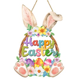 Easter Decoration Bunny Door Sign Wooden Easter Wreath for Front Door Happy Easter Spring Decoration Cute Rabbit Design Flower Egg Welcome Hanging for Home Wall Decor Party Outdoor indoor Supply