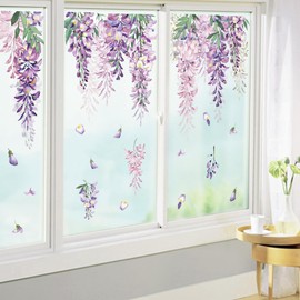 wondever Summer Purple Flower Window Stickers Hanging Vine Wisteria Floral Leaf Glass Decal Clings Anti Collision Double-Side Static Window Decals for Home Glass Window