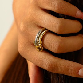 WanBigVa Gold Stackable Rings for Women Non Tarnish,Trendy Chunky Silver Gold Multi-Link Connected Stack Rings with Cubic Zirconia 14K Gold Plated Statement Rings Stackable Rings Set for Women