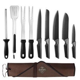 KOFERY 10PCS High Carbon Stainless Steel Knife Set for Home Kitchen, Camping - Ultra-Sharp Bread Chef Santoku Carving Utility Knife (Include 2PCS Carving Fork, Roll Bag and Sharpening Steel)