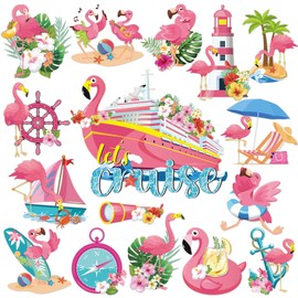 Dazoratix Flamingo Cruise Door Decorations - 16 Pcs Funny Hawaii Ship Cabin Magnets Pink Magnetic Stickers Palm Anchor Decals Tropical Stateroom Accessories for Summer Vacation Party Carnival Garage