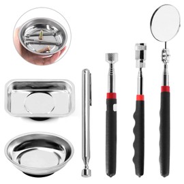 Glarks 6Pcs Magnetic Tool Trays with Magnetic Pickup Tool Kit, 3" Round Magnet Bowls and 3.6" x 2.4" Rectangular Magnet Parts Tray Holder and Telescoping Magnet Pickup Grabber Tool with LED Light Set