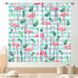 TKUYO Flamingo Curtains, Tropical Green Palm Leaf Green Flaming Birds Summer Elegant Modern Teal Blackout Window Drapery Treatments for Bedroom Living Room Kitchen Bathroom 2 Panels, 42"x45" Inch