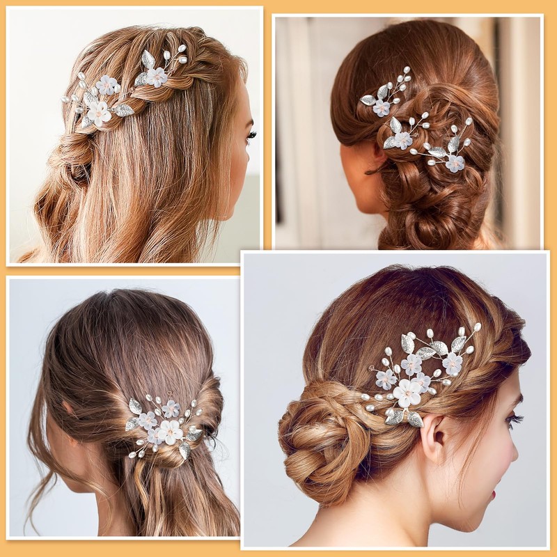 MELLIEX 5 Stück Hochzeit Haarnadeln, Blumen Perlen Braut Haarschmuck Silber