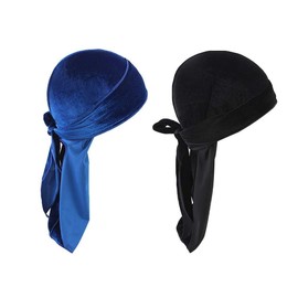 2pcs Velvet Durag for Men Women, Long Tail Durag Headwraps Cap Pirate Bandanas Turban for 360 Waves (Blue + Black)