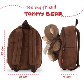 PERLETTI Cuddly Toy Brown Bear Backpack for Children with Plush Toy Bear - Plush Bear Soft Fluffy and Nursery School Bag - 3 4 5 Years Baby Children's Bag 27 x 21 x 9 cm (Brown Bear with Bow)