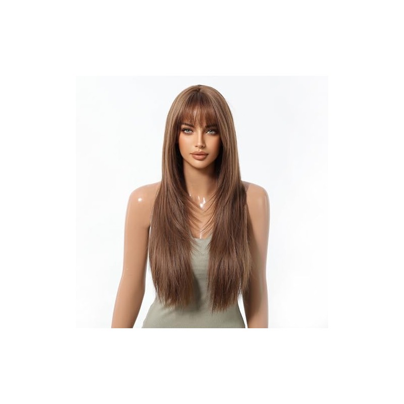 Peluca Larga con Flequillo Recto - Cabello Natural para Mujer