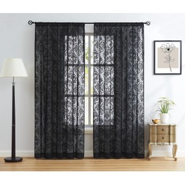 Black Lace Sheer Curtains 95 Inch Long Vintage Floral Curtains for Living Room Bedroom Rod Pocket Light Filtering Victorian Window Treatments Victorian Crochet Decorative Curtains 2 Panels