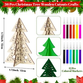 Blosssound 48 Pcs Craft Set 36 Wood Crafts 3D Cutouts with 12 Colored Markers Wooden Unfinished Slices to Paint for DIY Handmade Tiered Tray Decor (Christmas Tree)