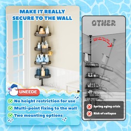 UNEEDE Corner Shower Caddy Pole with 4 Bathroom Organizer Shelves, Toothbrush Holder, Razor Hook & Soap Dish - Dual Mounting (Screws/Acrylic Film), 11lb Capacity, Rustproof 45.3in Shower Storage