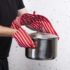 MOLLY MALOU® Butcher Stripe Double Oven Gloves Quilted Heavy Duty Cooking Potholder Heat Resistant Mitt 18x90cm (Red)