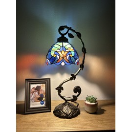enjoy decor lamps Tiffany Table Lamp Blue Stained Glass Iron Metal Leaves Bronze Base Included LED Bulb Liaison Lamp for Living Room Dining Room Bedroom Bedside 21" H*11" W