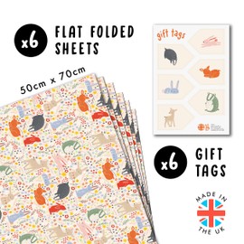 Kids Wrapping Paper - 6 Sheets of Easter Bunny, Rabbit, Raccoon, Forest & Flowers - Cute Designs for Boys and Girls - Ideal for Birthday, Christmas, Baby Shower