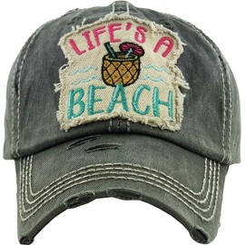 Funky Junque Beach Baseball Caps for Women, Vintage Distressed Hat - Life's a Beach - Black