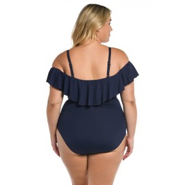 La Blanca Women's Island Goddess Off Shoulder Ruffle One Piece Swimsuit, Indigo, 16