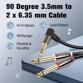 rycvaky 1/8 to Dual 1/4 Male Stereo Audio Cable,Right Angle 3.5mm TRS to 2 x 6.35mm TS Mono Y-Splitter Cable, Oxygen-Free Copper, for Recording, Mixer, Speaker, Electric Guitar,4ft, 2 Pack
