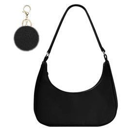 GWAWG Shoulder Bags for Women, Nylon Crossbody Bag, Women's Clutch Bag, Mini Handbags with Pompom Keychain and Zipper, Gift for Christmas, Birthday and Anniversary, black
