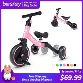 Besrey 5-in-1Balance Bike Convertible Balance Bike (3-8YO) LED Glow Wheels + Foldable Frame | Adjustable Seat & Training Modes  Indoor/OutdoorTrike - Color: Pink