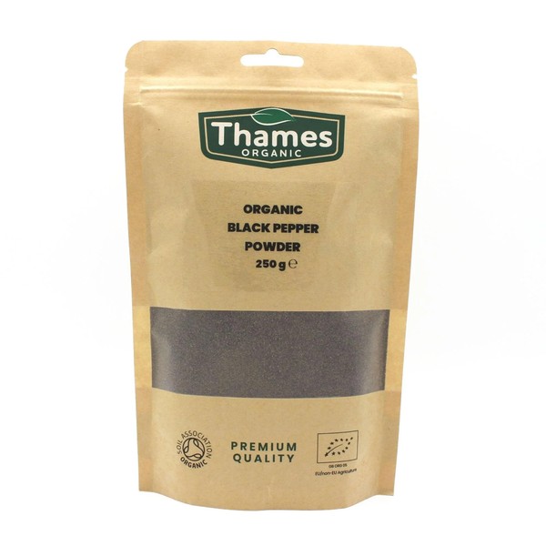 Organic Black Pepper Powder 250g- Strong Flavour, Non-GMO, No Additives or Preservatives - Perfect for Seasoning and Cooking - Thames Organic 250g