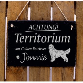 Golden Retriever Sign, Customisable Engraved - Achtung ! Territory of .. Slate Warning Sign Dog Door Sign 22 x 16 cm | Dekolando
