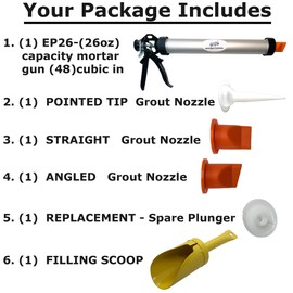 EXCEPTIONAL PRODUCTS – EP26 – MORTAR POINTING GROUTING GUN – 26oz Capacity – 12:1 Trigger Pull – Use for Brick, Stone, Cement Mortar or Grout-Includes (3) Tips, Fill Scoop & extra Plunger Tip (1)
