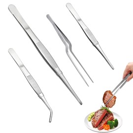 4PCS Kitchen Fine Tweezer Tongs, Stainless Steel 16cm & 30cm Cooking Tweezers Sets with Precision Serrated Tips, Professional Kitchen Long Tweezer for Cooking, Repairing, Sea Food and BBQ
