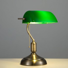 DIVEKID Bankers Lamp, Green Desk Lamp with Pull Chain Switch, 3 Lighting Color Mid Century Banker's Desk Light for Home Office Library Christmas (Green Plastic Lampshade)