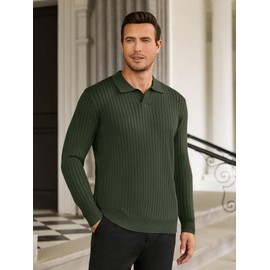 Hardaddy Men's Ribbed Knit Sweater Casual Long Sleeve Polo Sweater Collared V Neck Polo Shirts Solid Pullover Tops Green XL