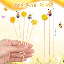 Sunflower Bees Cocktail Picks Sunflower Bamboo ToothPicks Appetizer Bamboo Toothpicks Bee Cocktail Picks for Food Bee Party Decoration (100)
